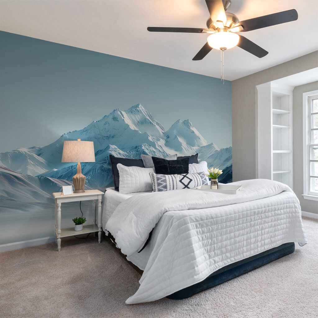 Snowy mountain range with a body of water Snowy mountain range with a body of water