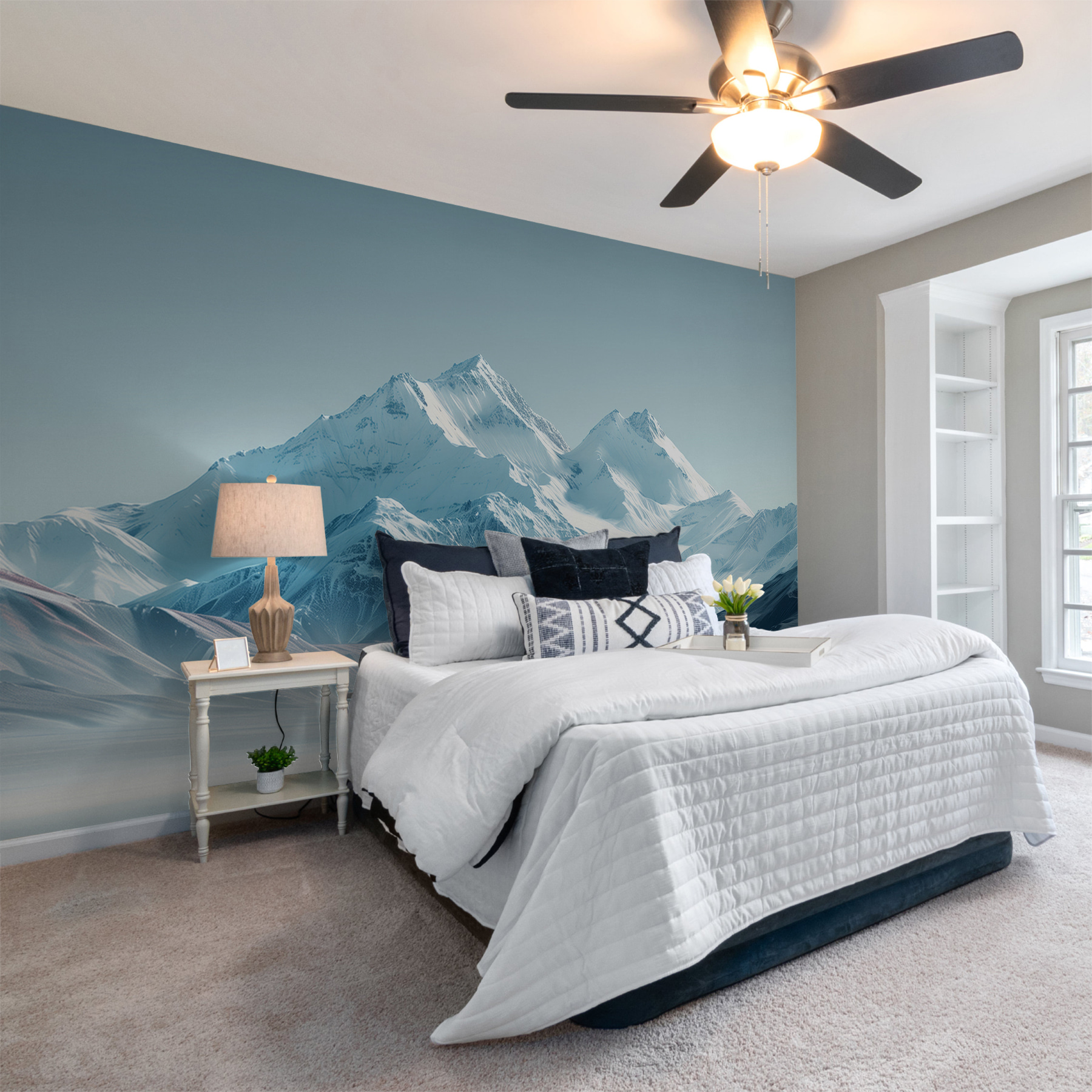 Snowy mountain range with a body of water Snowy mountain range with a body of water