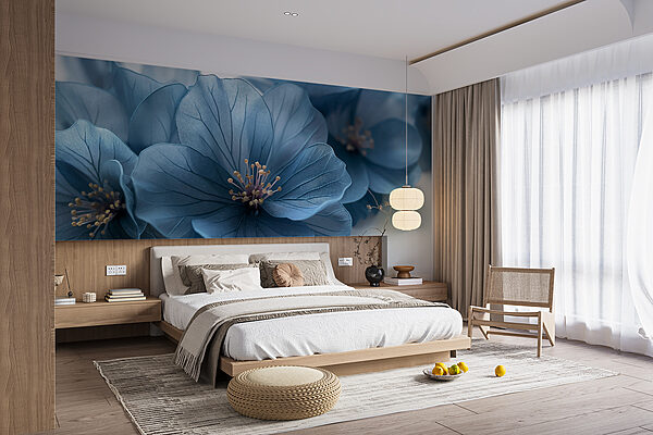 Kék virágok fehér felületen Fotótapéta Kék virágok fehér felületen