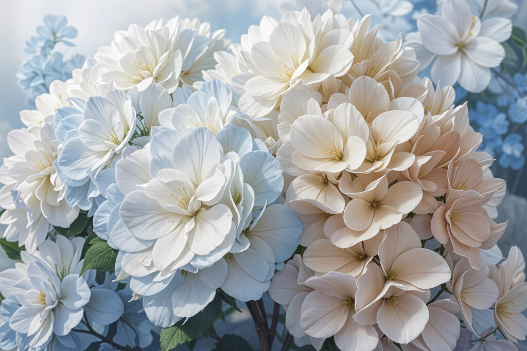 Group of white and blue flowers Group of white and blue flowers