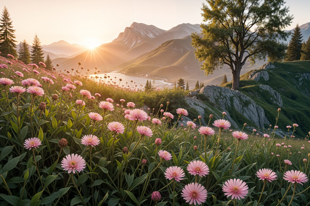 Field of pink flowers with a tree and mountains in the background
