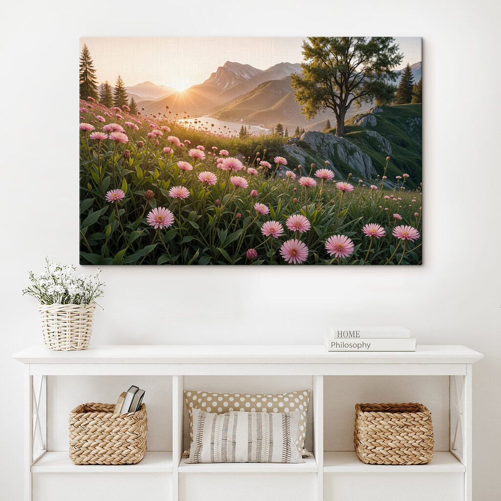 Field of pink flowers with a tree and mountains in the background