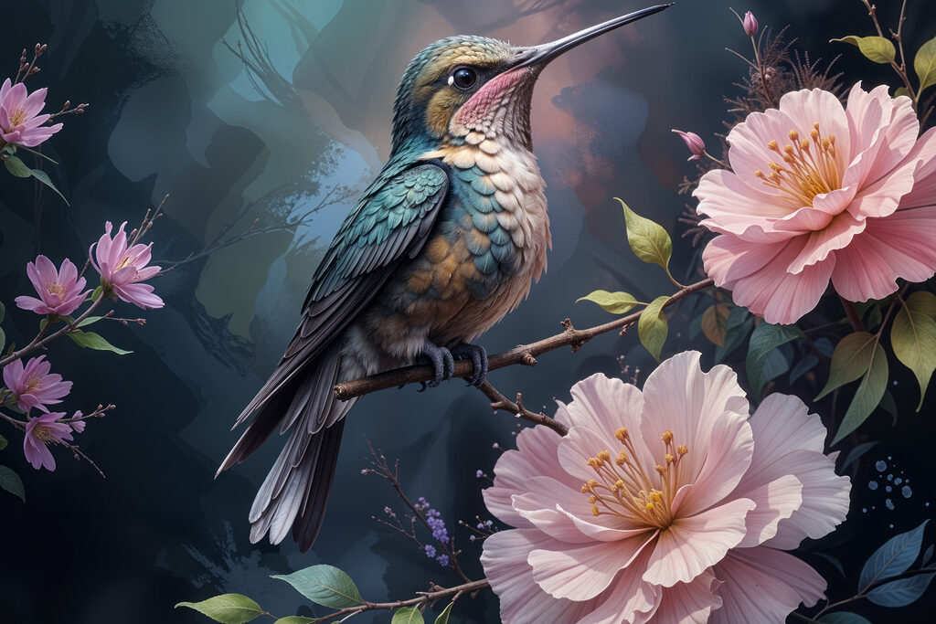 Bird sitting on a branch with flowers