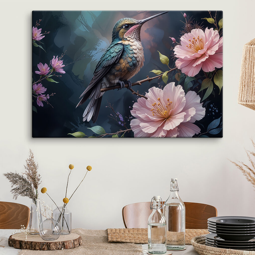Bird sitting on a branch with flowers