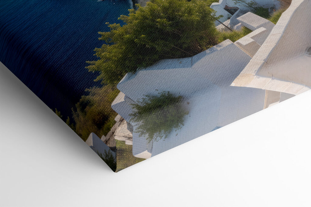 White buildings with blue domes on a hill with a body of water in the background