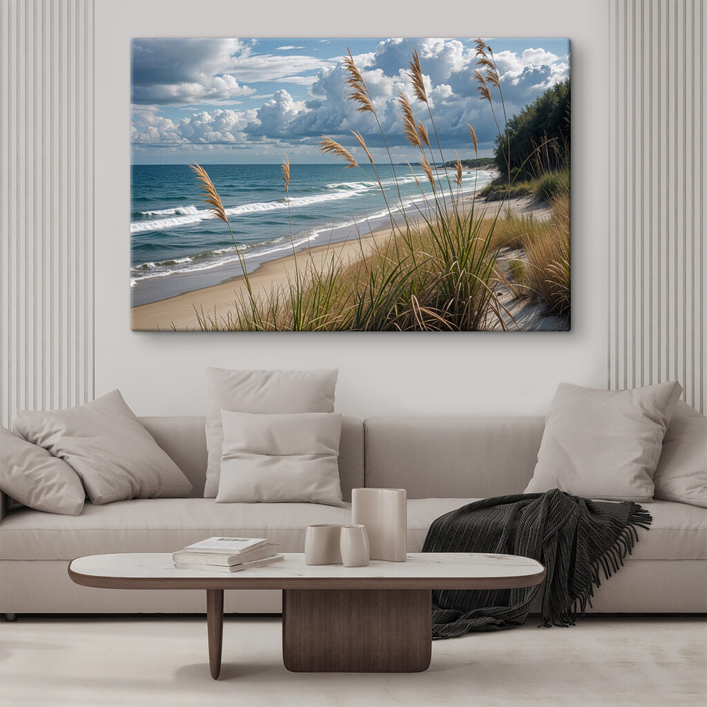 Beach with tall grass and water