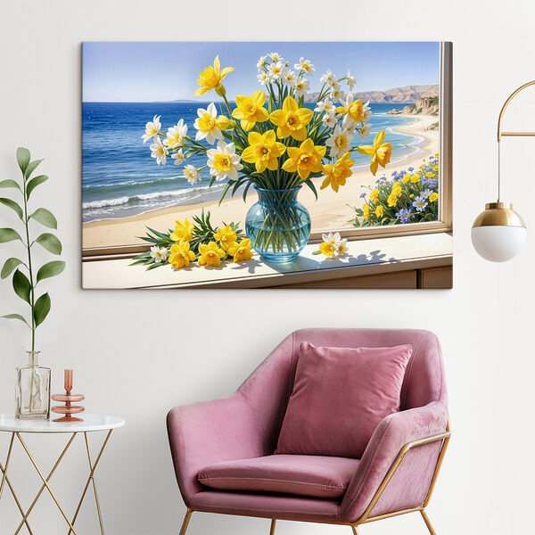 Vase of yellow and white flowers on a window sill Vase of yellow and white flowers on a window sill