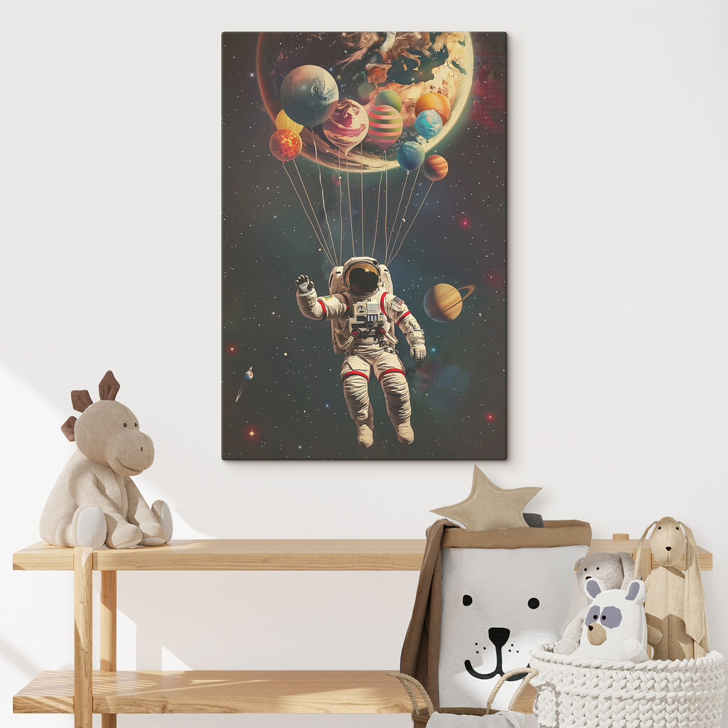An astronaut floating in space with balloons