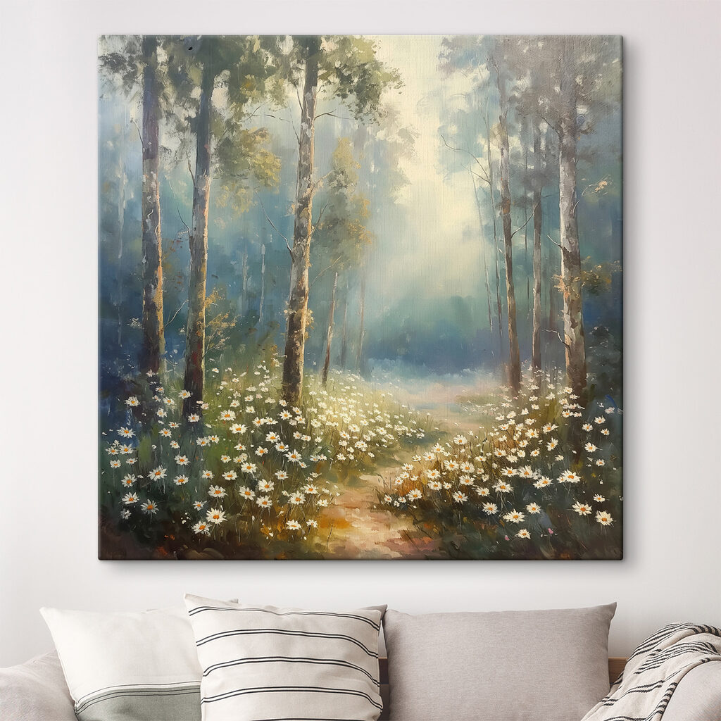 Painting of a forest with flowers and trees Painting of a forest with flowers and trees