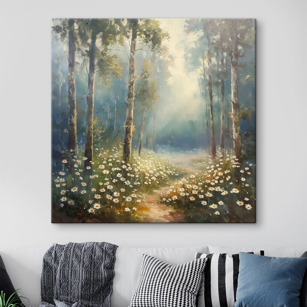 Painting of a forest with flowers and trees Painting of a forest with flowers and trees