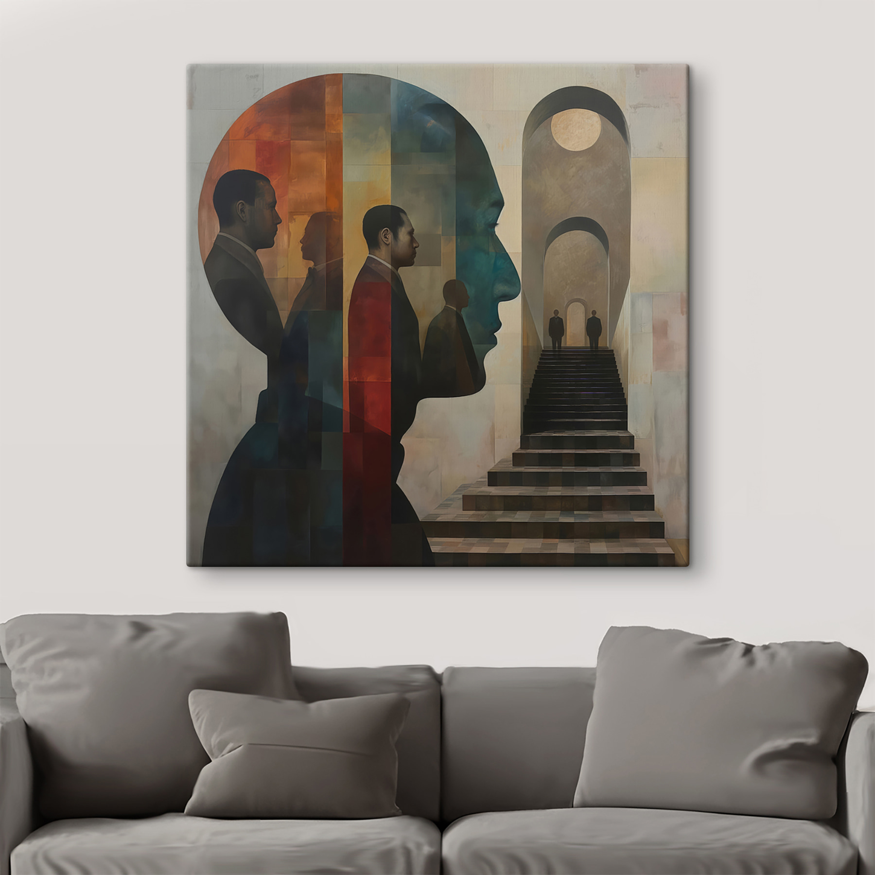 Painting of a man's face and a staircase