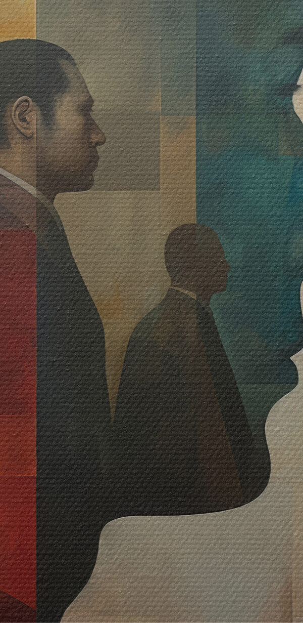 Painting of a man's face and a staircase