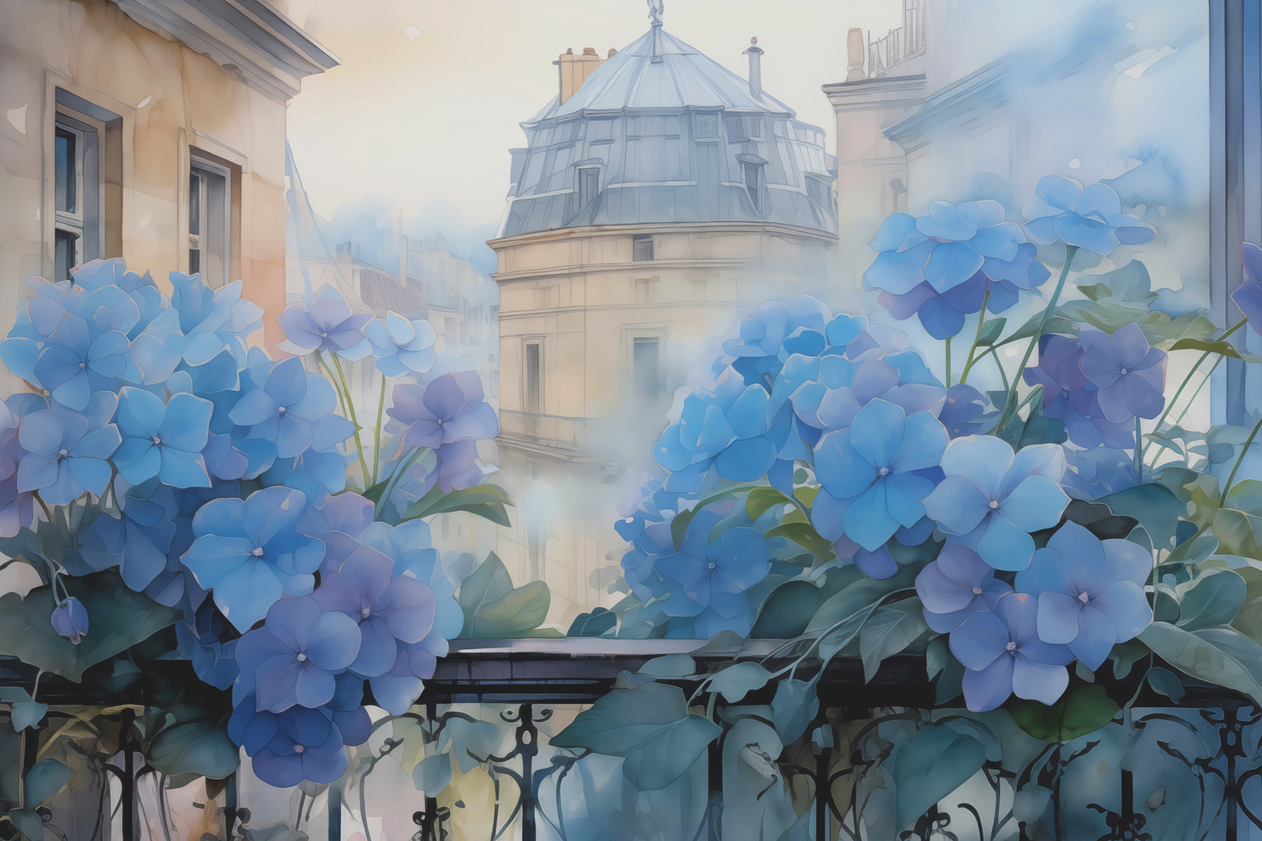 Painting of blue flowers on a balcony Painting of blue flowers on a balcony