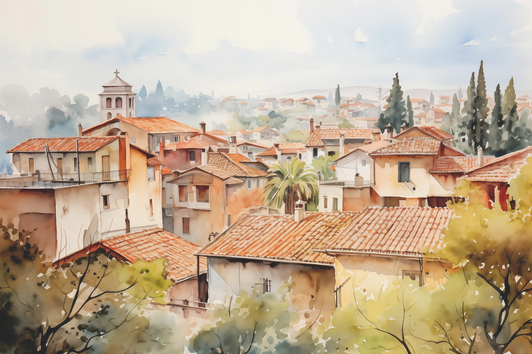 Watercolor of a town with many buildings and trees Watercolor of a town with many buildings and trees