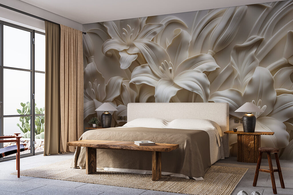 White flower sculpture on a wall White flower sculpture on a wall