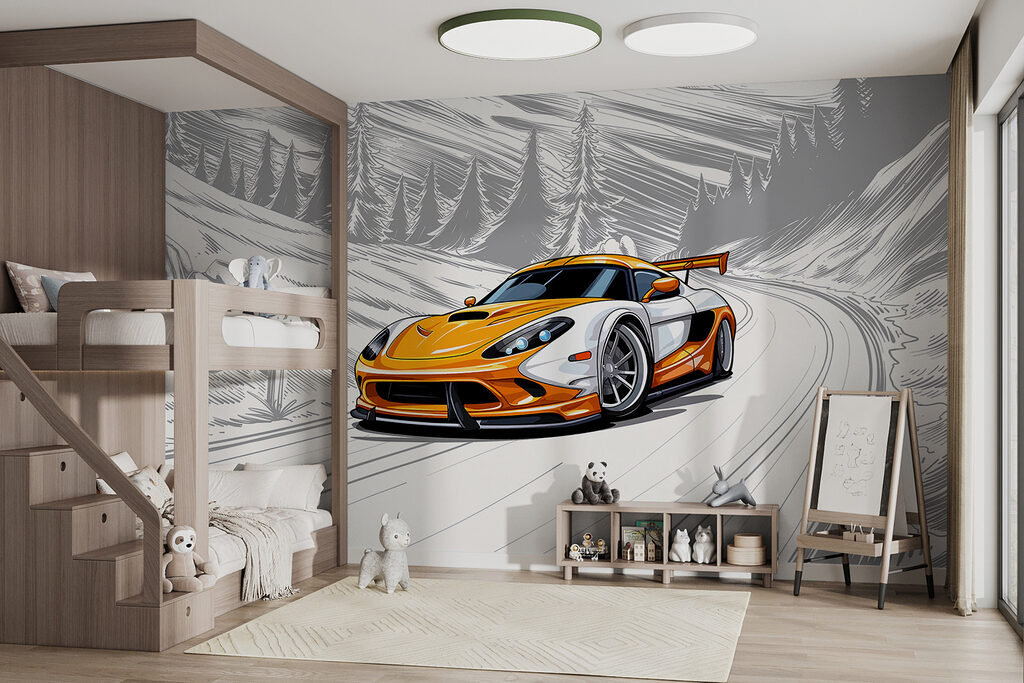 Yellow and white sports car on a snowy road