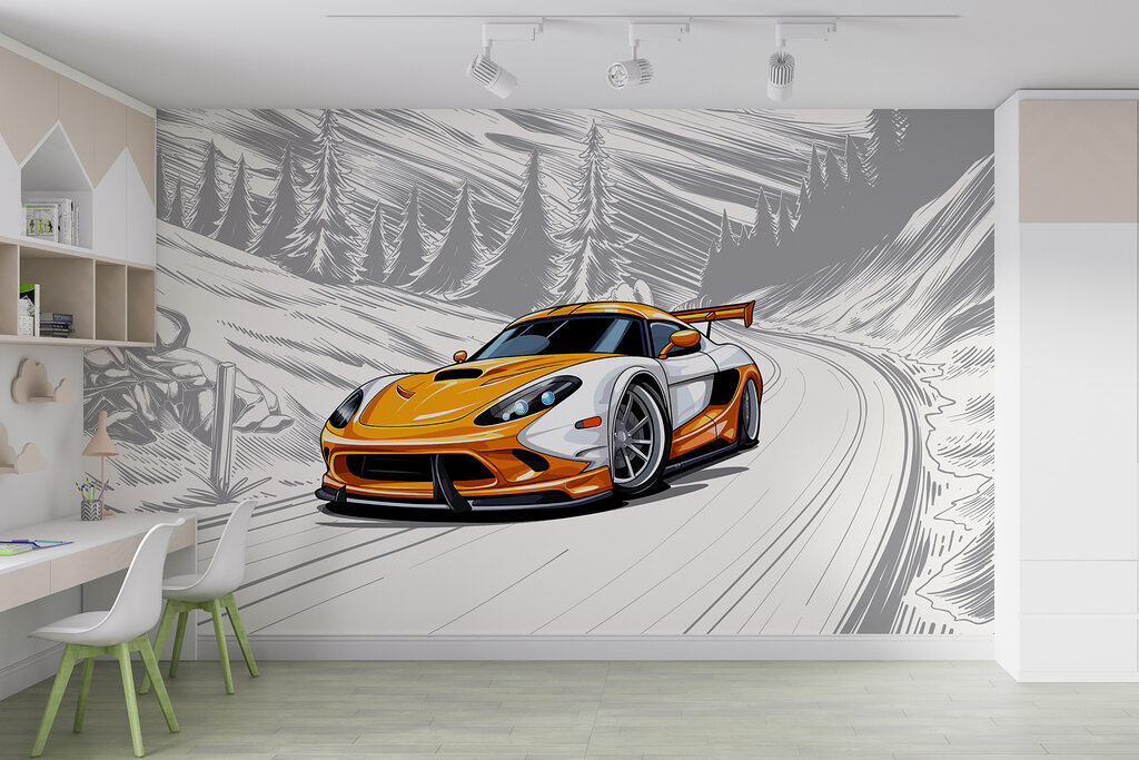 Yellow and white sports car on a snowy road