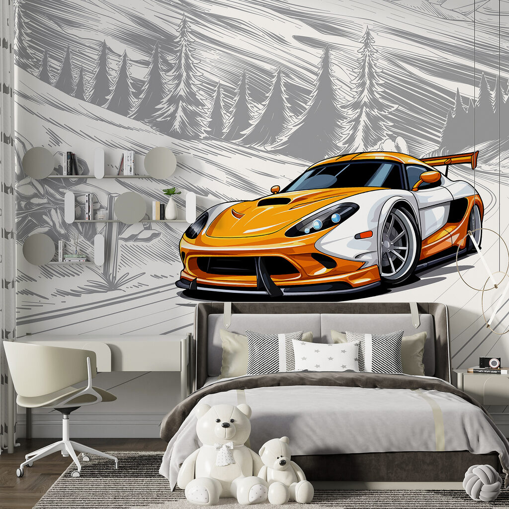 Yellow and white sports car on a snowy road