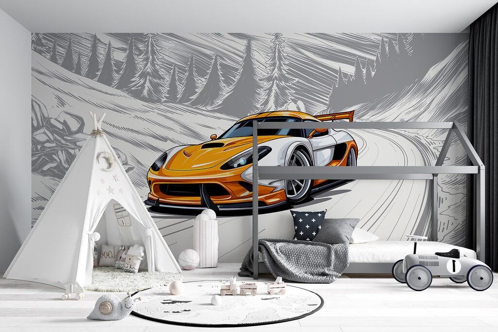 Yellow and white sports car on a snowy road