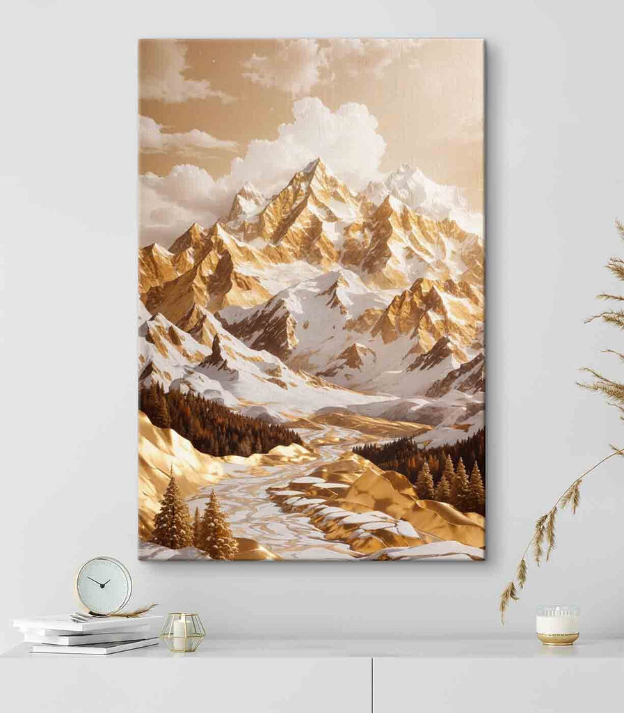 Snowy mountain range with trees