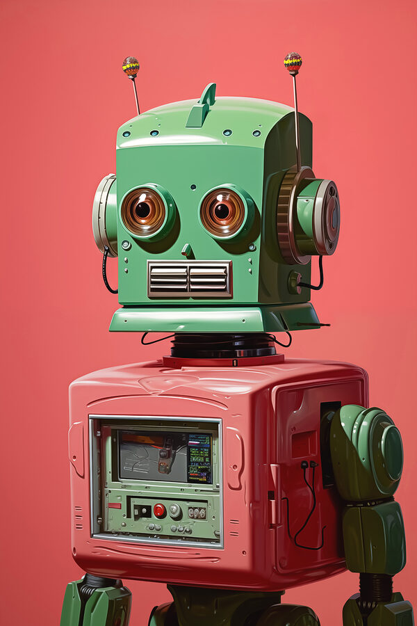 Zöld és rózsaszín robot nagy szemekkel Zöld és rózsaszín robot nagy szemekkel