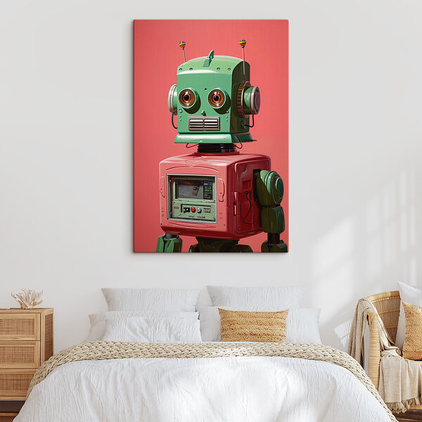 Zöld és rózsaszín robot nagy szemekkel Zöld és rózsaszín robot nagy szemekkel