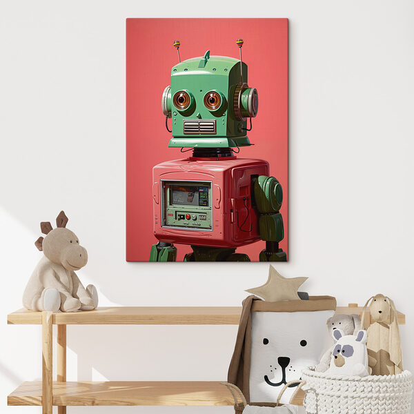 Zöld és rózsaszín robot nagy szemekkel Zöld és rózsaszín robot nagy szemekkel