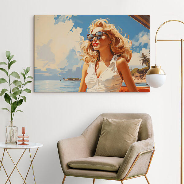 Vászonképek Napszemüveget és fehér ruhát viselő nő