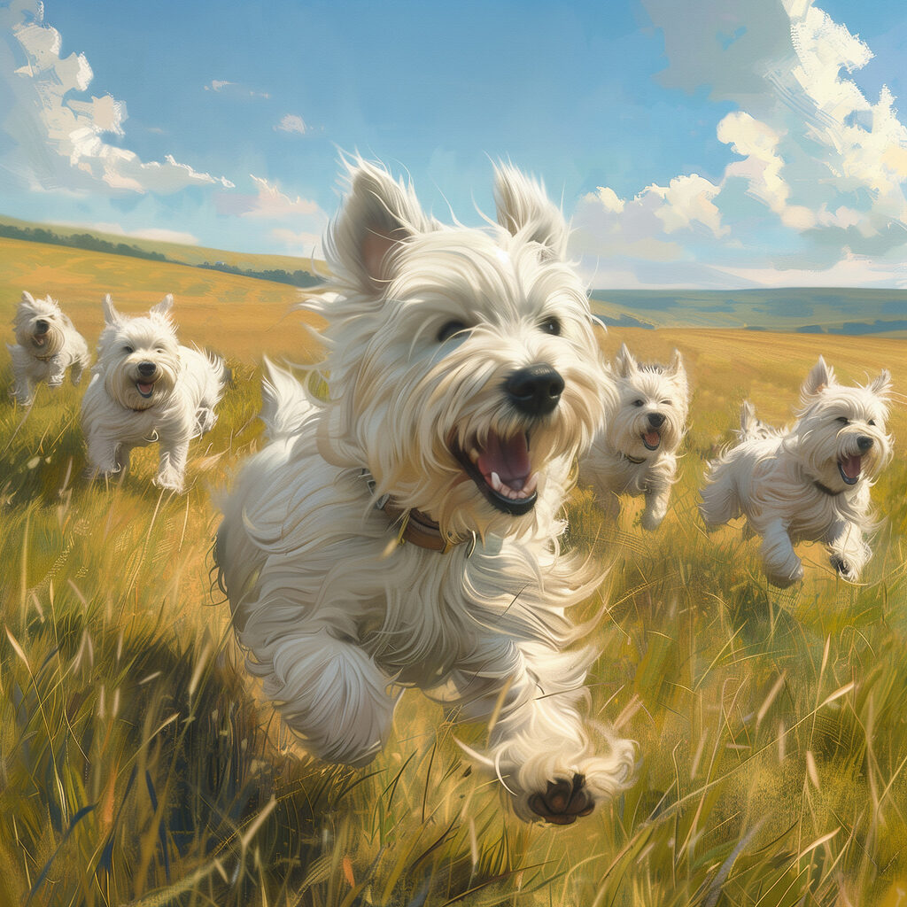 Group of white dogs running in a field Group of white dogs running in a field