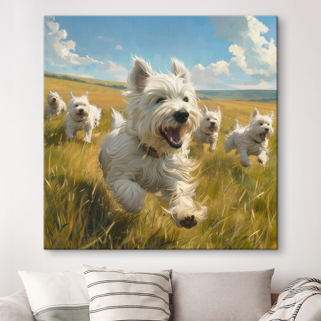 Group of white dogs running in a field Group of white dogs running in a field