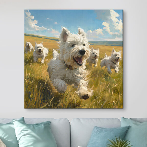 Group of white dogs running in a field Group of white dogs running in a field