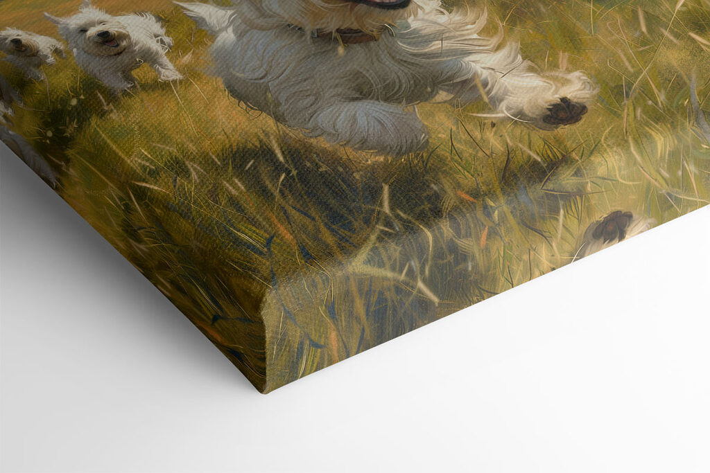 Group of white dogs running in a field Group of white dogs running in a field