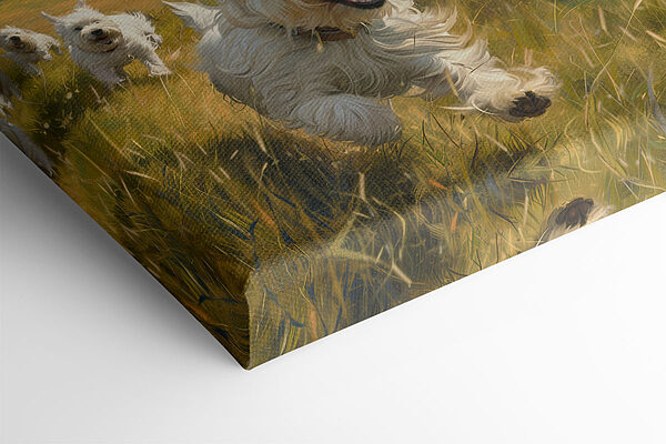 Group of white dogs running in a field Group of white dogs running in a field