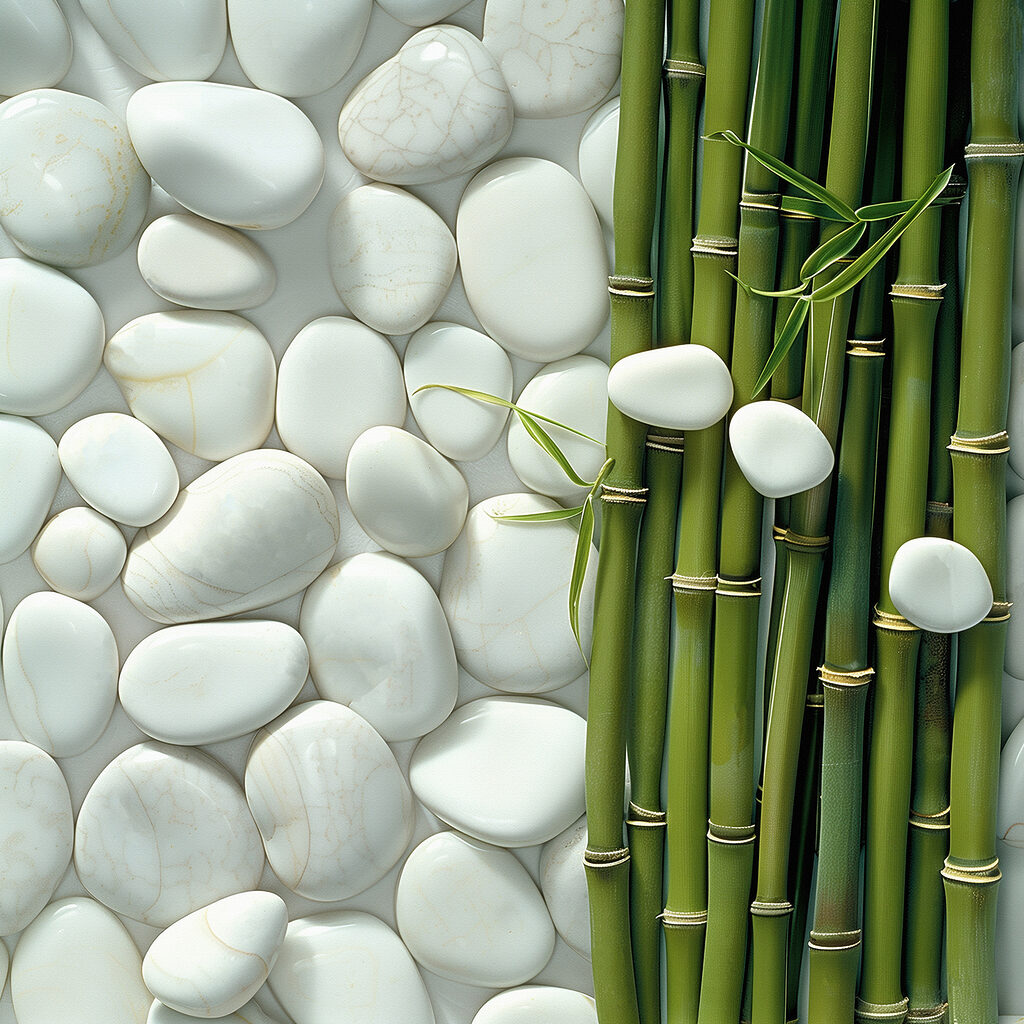 Group of green bamboo stems and white rocks Group of green bamboo stems and white rocks