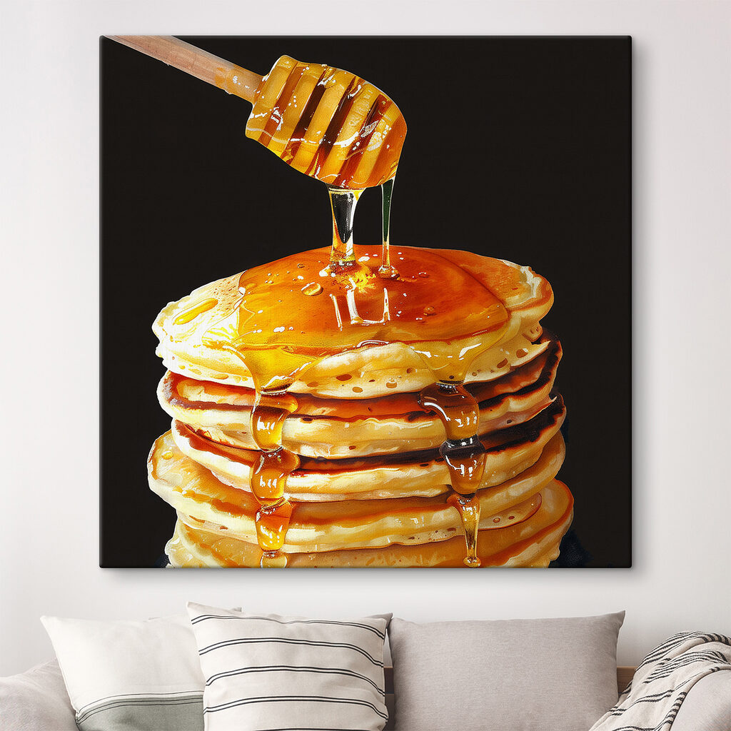 Stack of pancakes with honey dripping from a wooden stick Stack of pancakes with honey dripping from a wooden stick