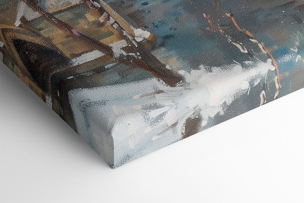 Bridge over water with buildings and snow