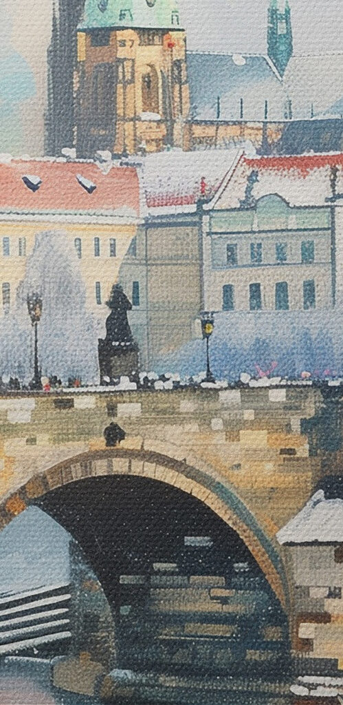 Bridge over water with buildings and snow