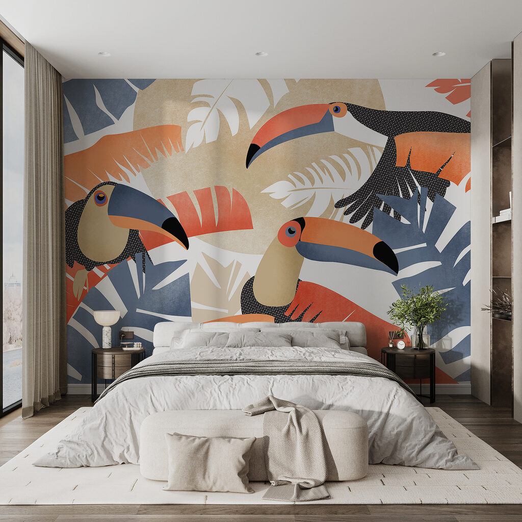 Group of birds with leaves