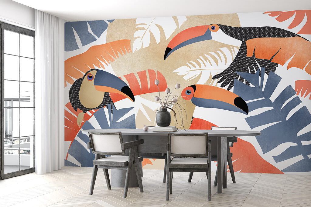 Group of birds with leaves