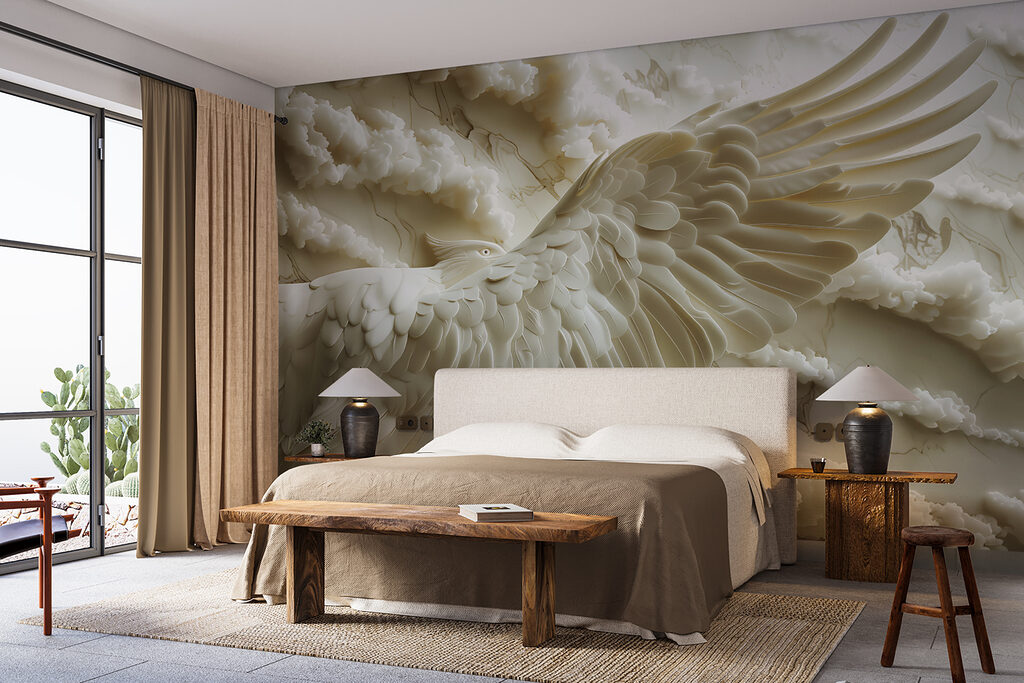 White bird with wings spread out