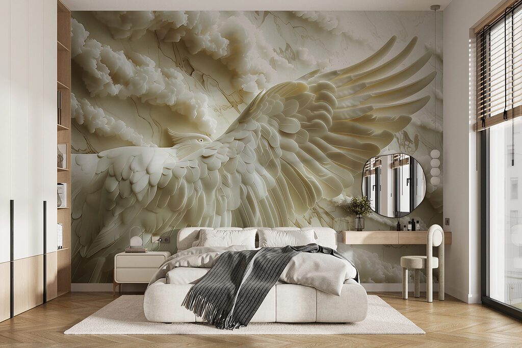 White bird with wings spread out