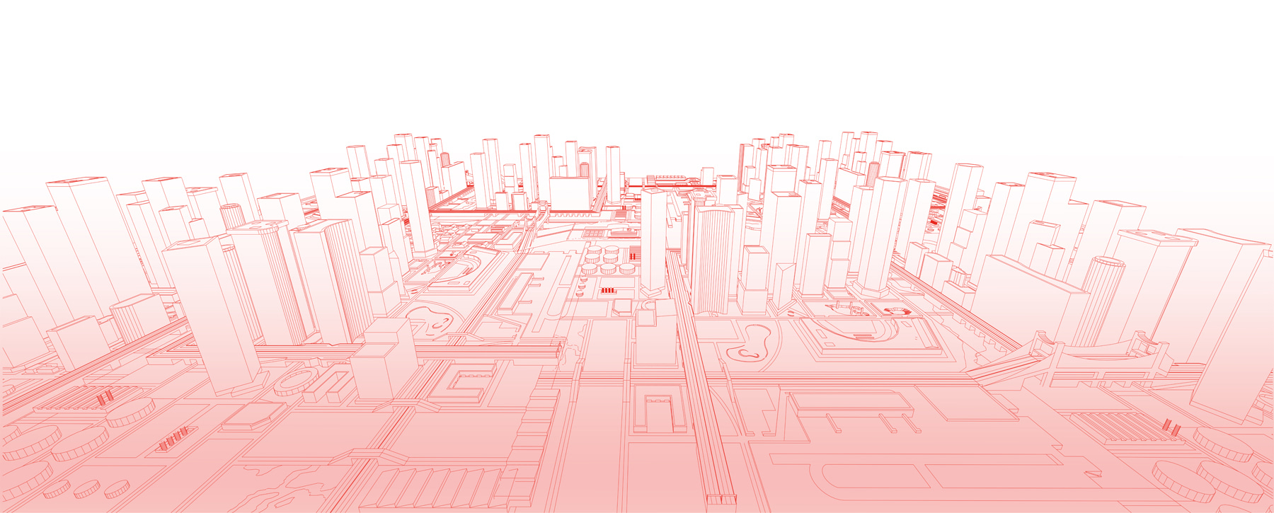 Red line drawing of a city