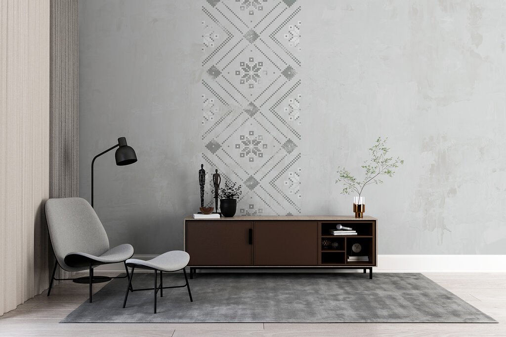 Grey and white pattern on a white surface
