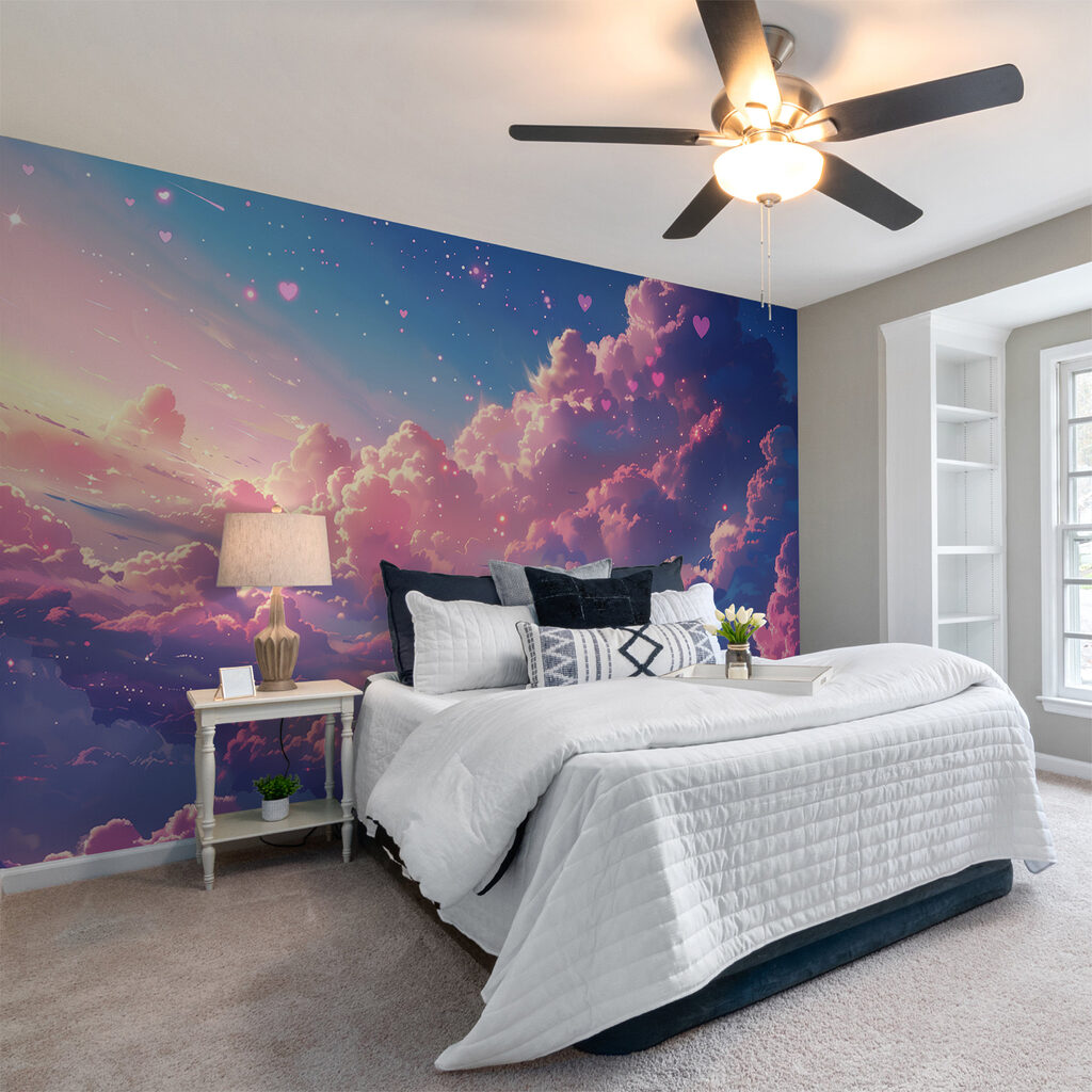 Colorful sky with clouds and hearts