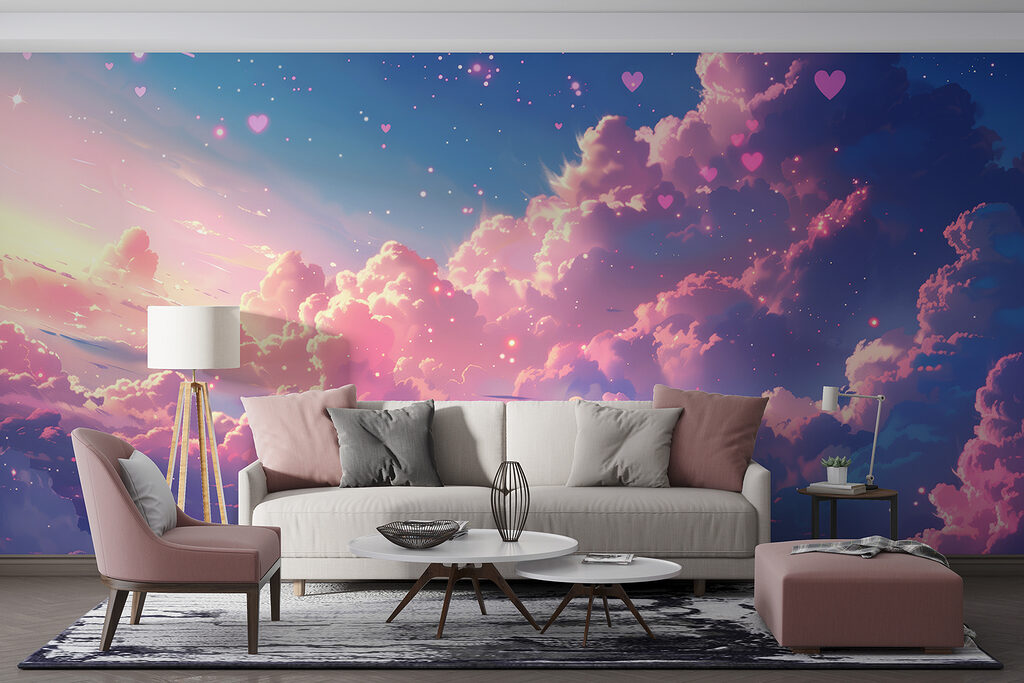 Colorful sky with clouds and hearts