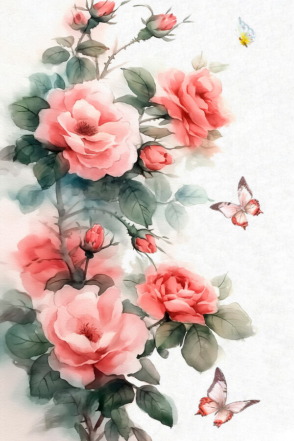 Painting of pink flowers and a butterfly Painting of pink flowers and a butterfly