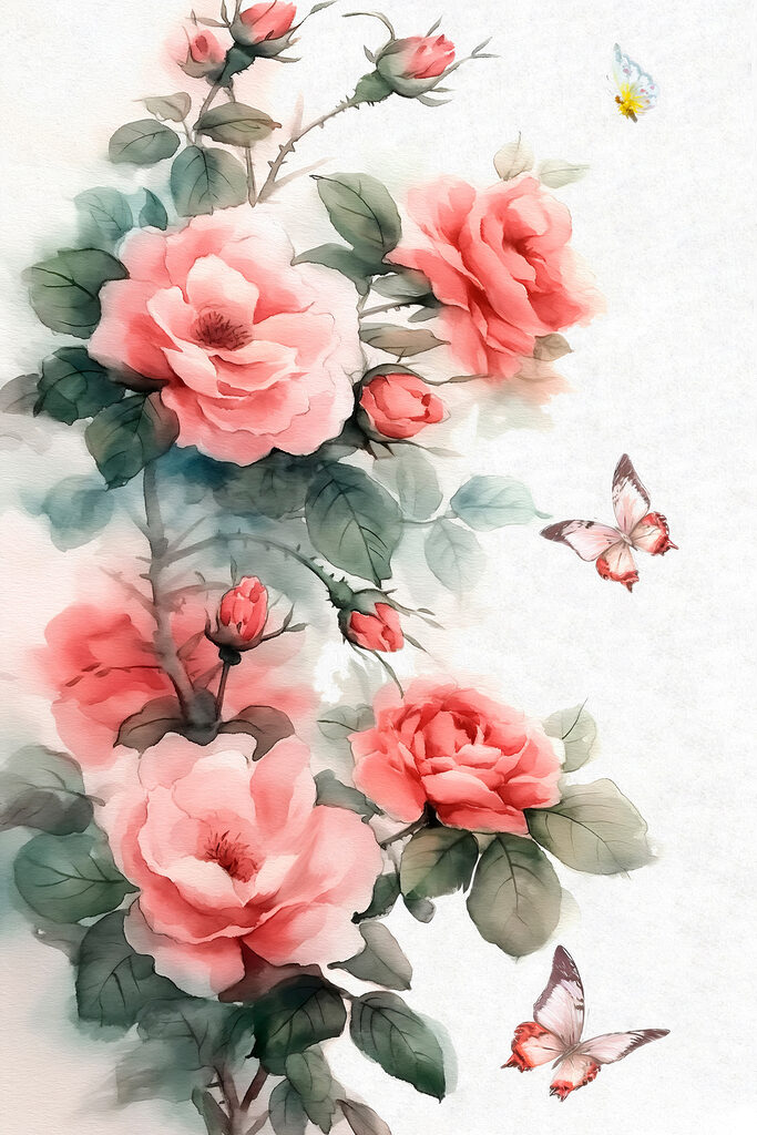 Painting of pink flowers and a butterfly Painting of pink flowers and a butterfly