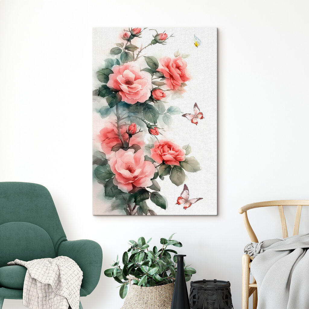 Painting of pink flowers and a butterfly Painting of pink flowers and a butterfly
