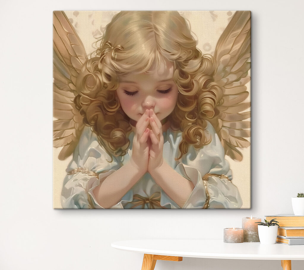 Child with blonde hair and wings praying