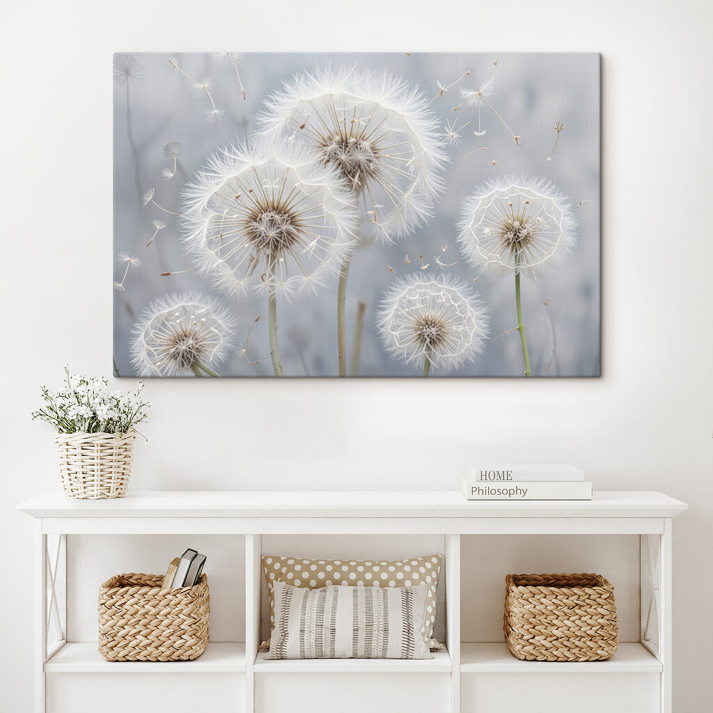 Group of dandelions with seeds flying